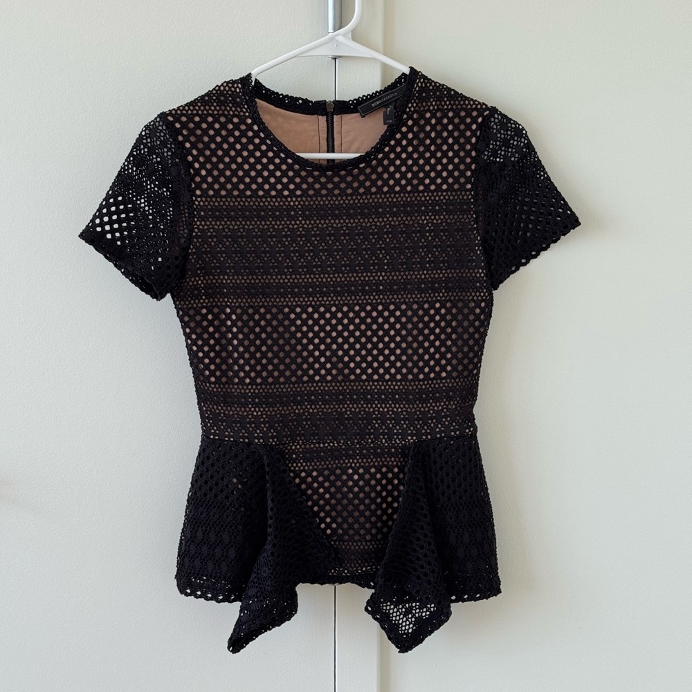 BCBGMaxAzria Black Lace Top with Short Sleeves